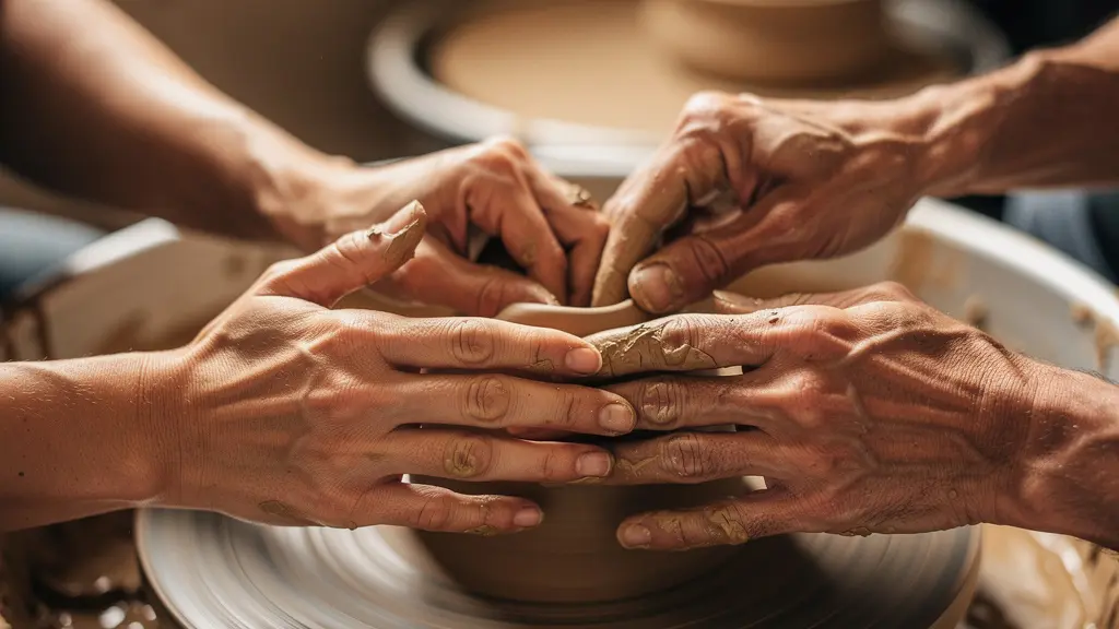Groupe de personnes diverses partageant un moment convivial autour d'un tour de potier dans un atelier lumineux