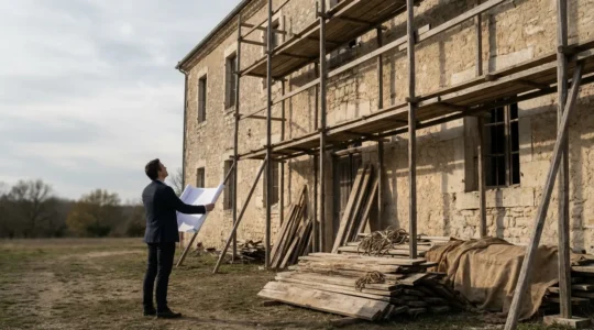 Architecte examinant les plans devant une façade en pierre d'un bâtiment historique en cours de rénovation