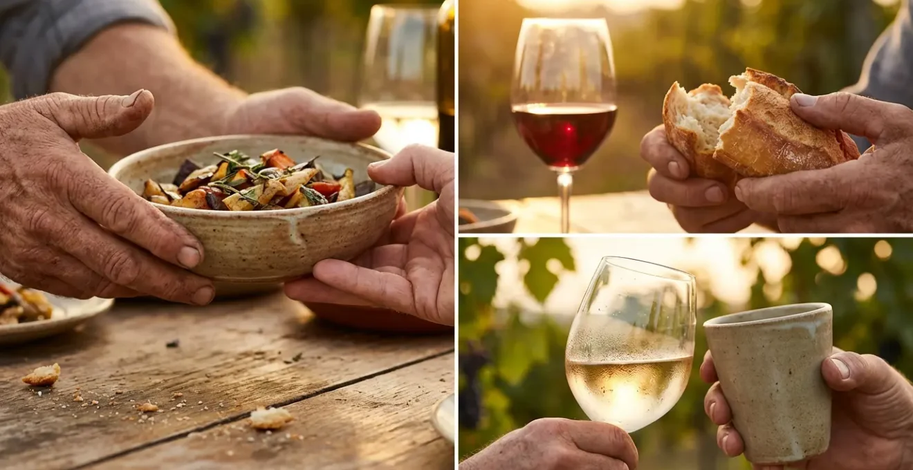 Grande tablée extérieure dans les vignes, vendangeurs et vignerons partageant un repas festif au coucher du soleil
