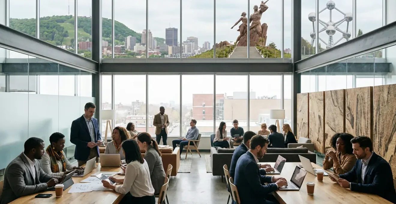 Professionnels francophones dans un hub d'affaires moderne avec vue sur plusieurs skylines urbaines représentant Montréal, Dakar et Bruxelles