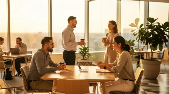 Professionnels multiculturels échangeant lors d'un événement de networking dans un espace moderne