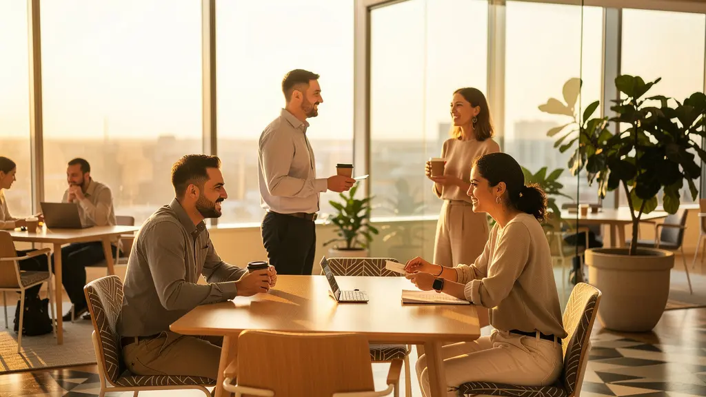 Professionnels multiculturels échangeant lors d'un événement de networking dans un espace moderne