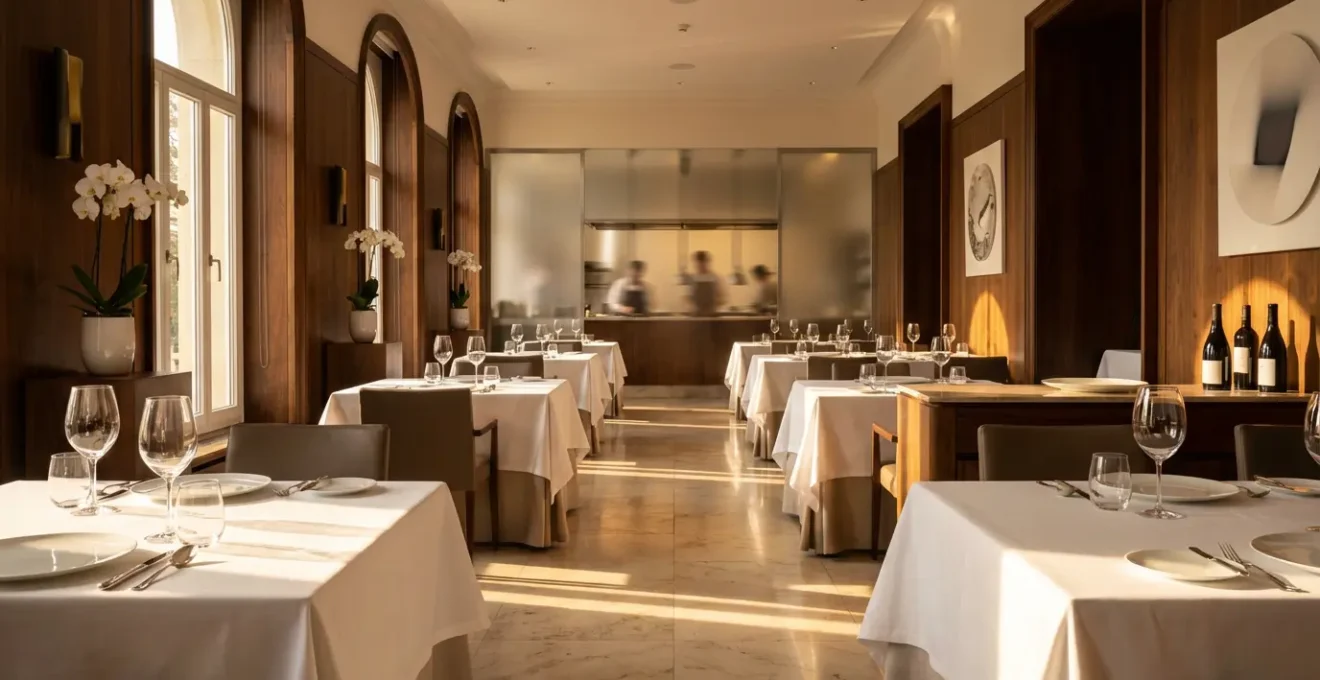 Salle de restaurant gastronomique étoilé avec mise en place raffinée et ambiance feutrée