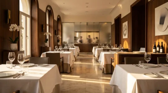 Salle de restaurant gastronomique étoilé avec mise en place raffinée et ambiance feutrée