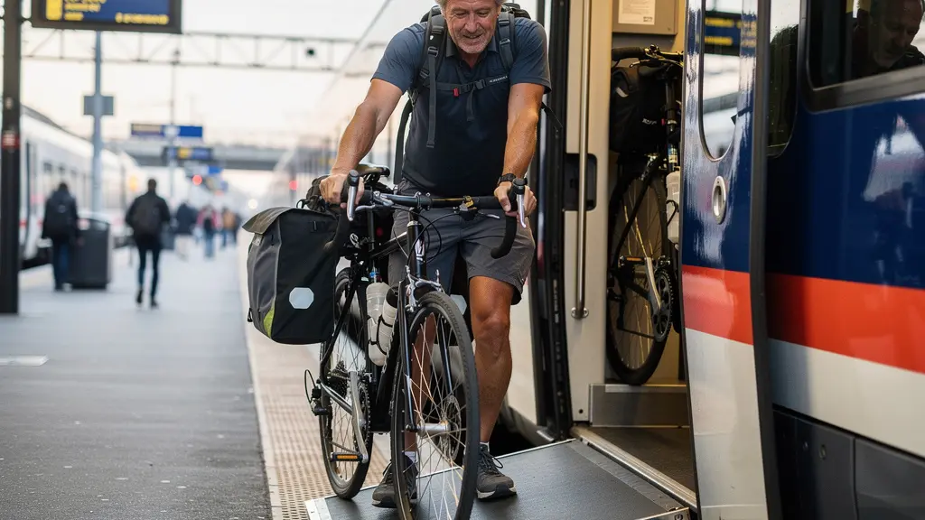 Vue latérale d'un cycliste montant son vélo non démonté dans un TER français, wagon spécial vélos visible