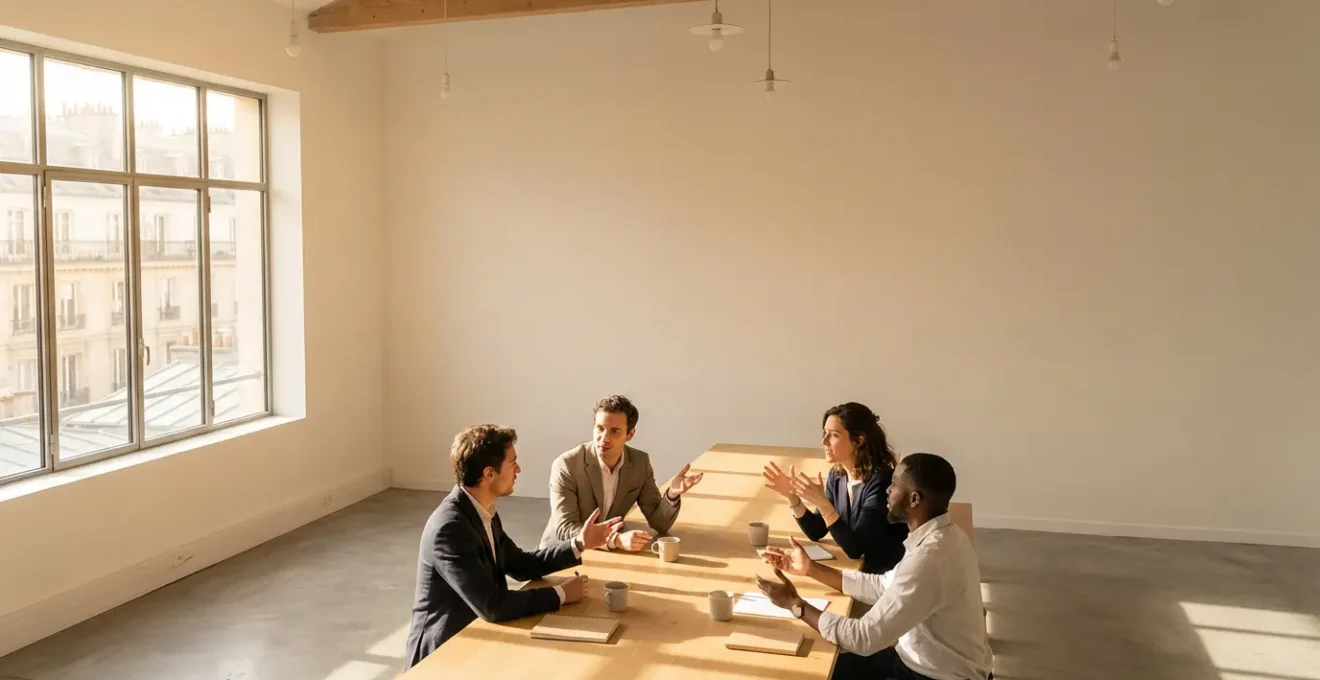 Réunion informelle d'anciens expatriés français échangeant autour d'un café dans un espace de coworking