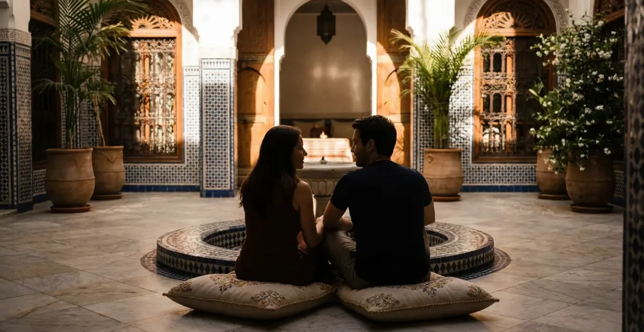 Patio intérieur d'un riad traditionnel avec fontaine centrale et végétation luxuriante