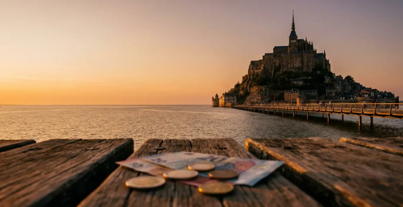 Vue panoramique d'un site UNESCO français emblématique avec des voyageurs contemplant le monument au coucher du soleil
