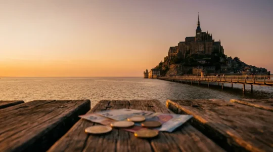 Vue panoramique d'un site UNESCO français emblématique avec des voyageurs contemplant le monument au coucher du soleil