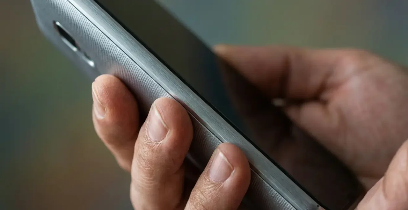 Main tenant un smartphone montrant une interface de messagerie, angle de dos