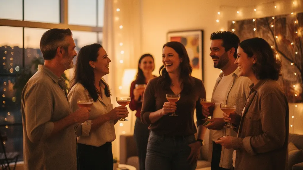 Une soirée animée avec des invités souriants participant à des activités de groupe dans un espace chaleureux et convivial