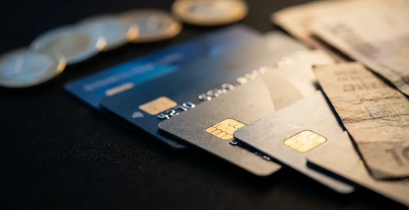 Vue macro de cartes bancaires professionnelles multi-devises et symboles monétaires gravés