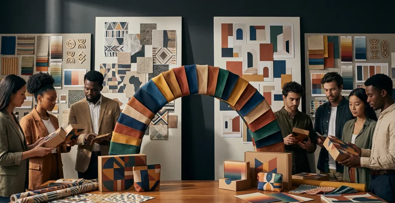 Équipe marketing multiculturelle analysant des campagnes publicitaires africaines