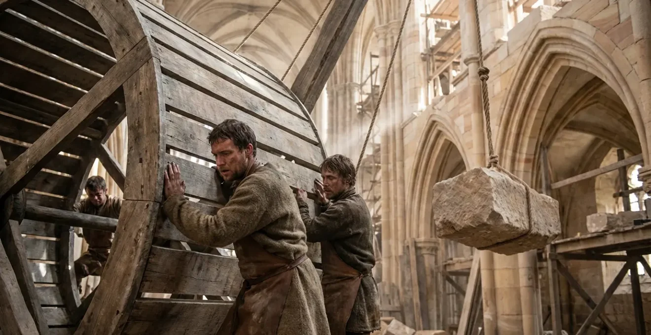 Reconstitution des techniques de levage médiévales avec grue à cage d'écureuil