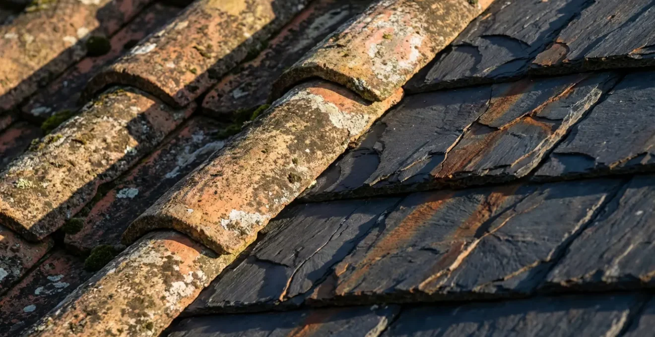 Vue macro détaillée de tuiles canal patinées et d'ardoises naturelles sur une toiture traditionnelle du Sud-Ouest