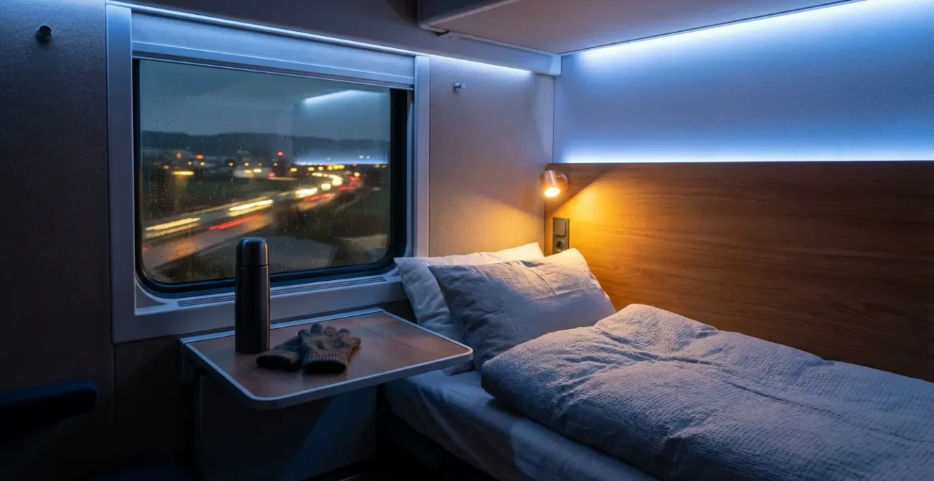 Vue intérieure d'un compartiment de train de nuit avec couchettes, éclairage doux et paysage nocturne visible par la fenêtre