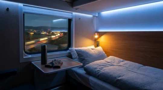 Vue intérieure d'un compartiment de train de nuit avec couchettes, éclairage doux et paysage nocturne visible par la fenêtre