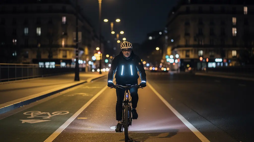 Cycliste utilisant un vélo en libre-service la nuit sur une piste cyclable éclairée en ville