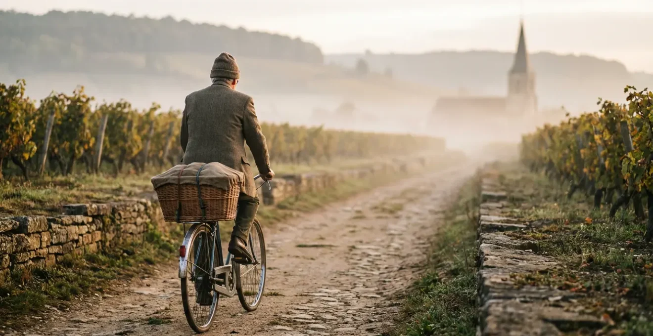 Cycliste pédalant paisiblement sur la voie des vignes en Bourgogne avec vue sur les coteaux viticoles