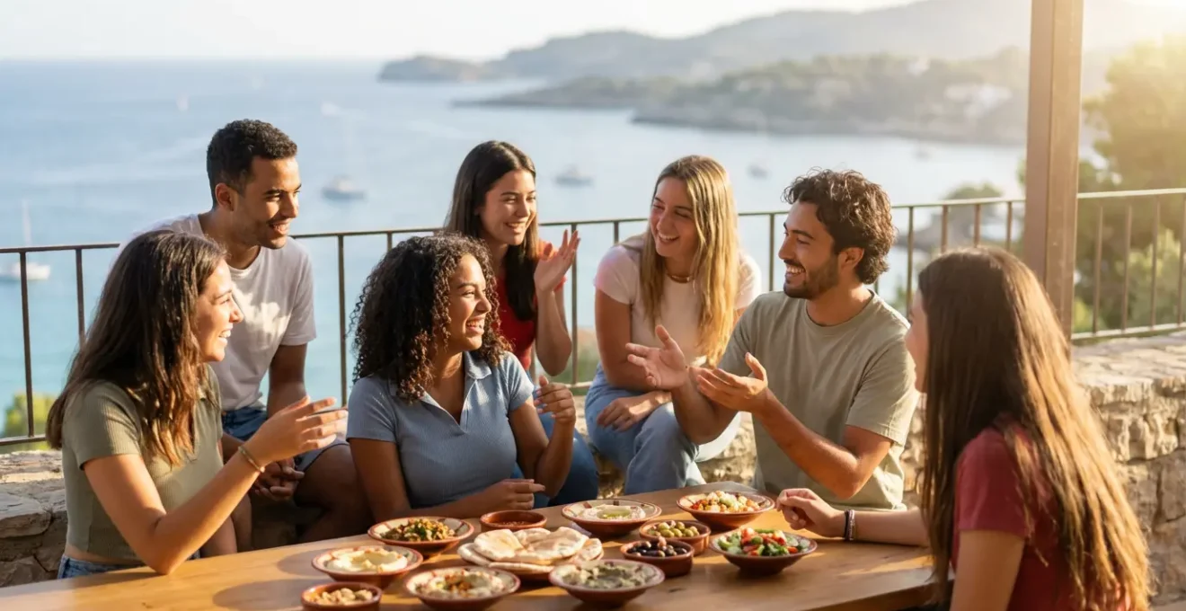 Groupe d'étudiants multiculturels sur une terrasse universitaire avec vue sur la mer Méditerranée