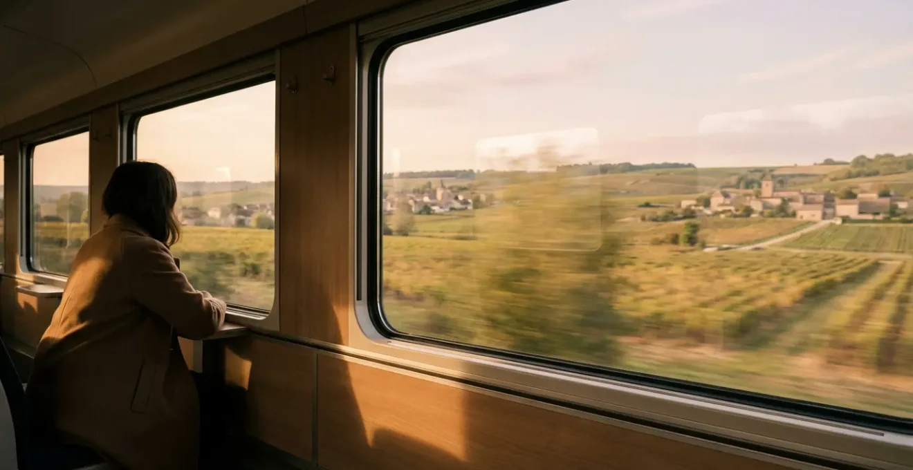 Voyageur contemplant le paysage français depuis la fenêtre d'un train traversant la campagne verdoyante