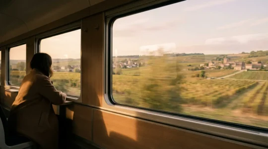 Voyageur contemplant le paysage français depuis la fenêtre d'un train traversant la campagne verdoyante