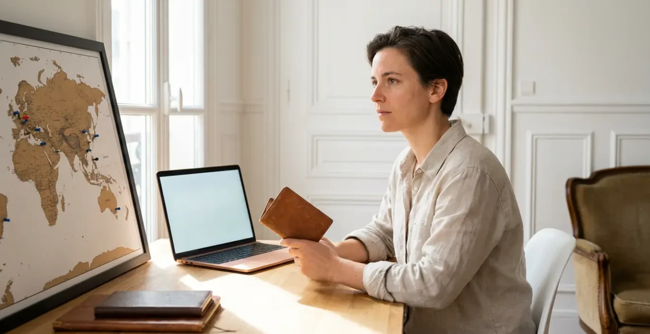 Voyageur de retour en France consultant une carte du monde et préparant son CV dans un bureau lumineux