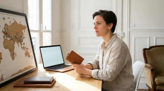 Voyageur de retour en France consultant une carte du monde et préparant son CV dans un bureau lumineux