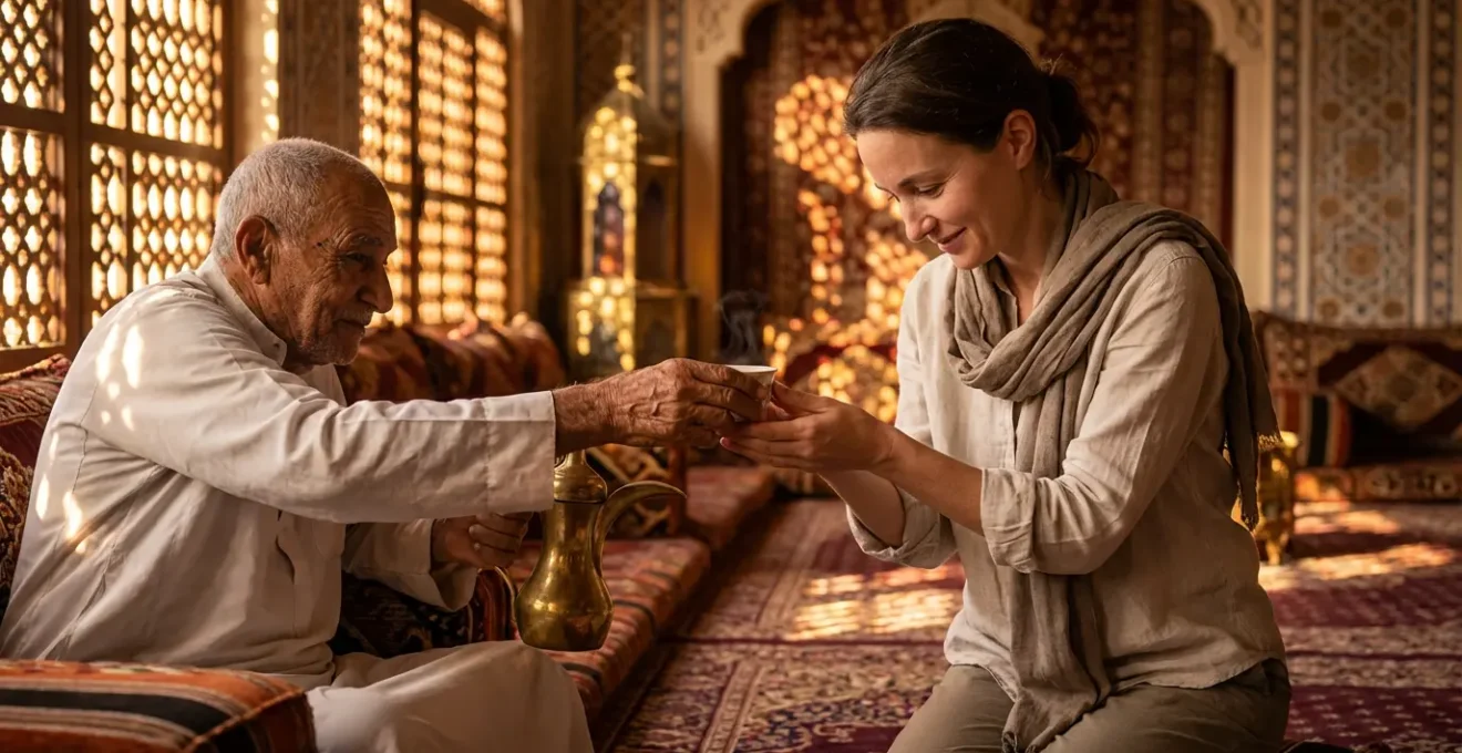 Voyageur français participant à une cérémonie traditionnelle du café au Moyen-Orient