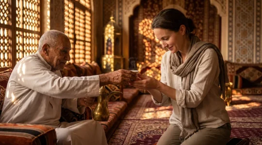 Voyageur français participant à une cérémonie traditionnelle du café au Moyen-Orient