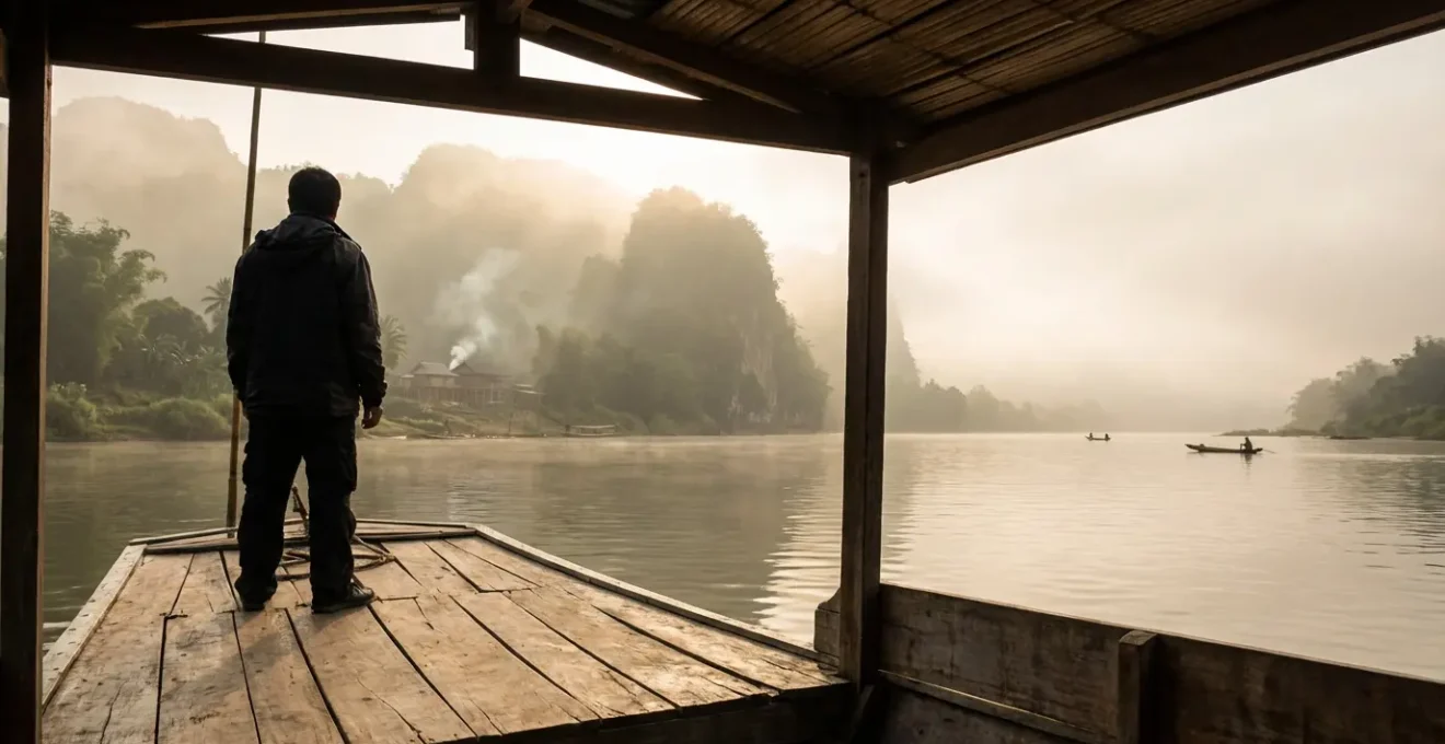 Voyageur contemplant les rives du Mékong depuis un bateau traditionnel au Laos