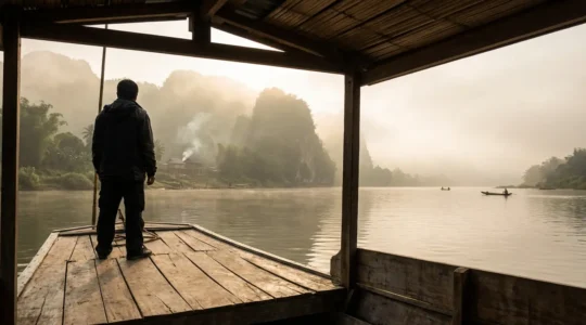 Voyageur contemplant les rives du Mékong depuis un bateau traditionnel au Laos