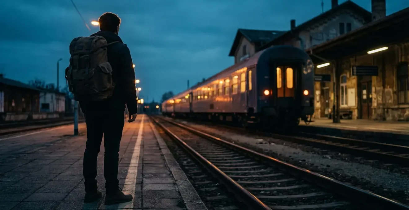 Voyageur avec sac à dos sur le quai d'une gare française au crépuscule, train de nuit en arrière-plan